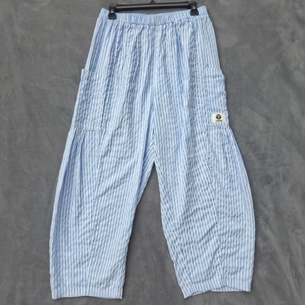 Tarse Women Striped Harem Pants M Blue White Linen Blend Wide Leg Cropped